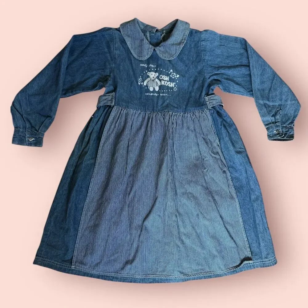 Vtg Osh Kosh Girl Cotton Apron Dress Blue White Stripe Size 6x Bear Collar